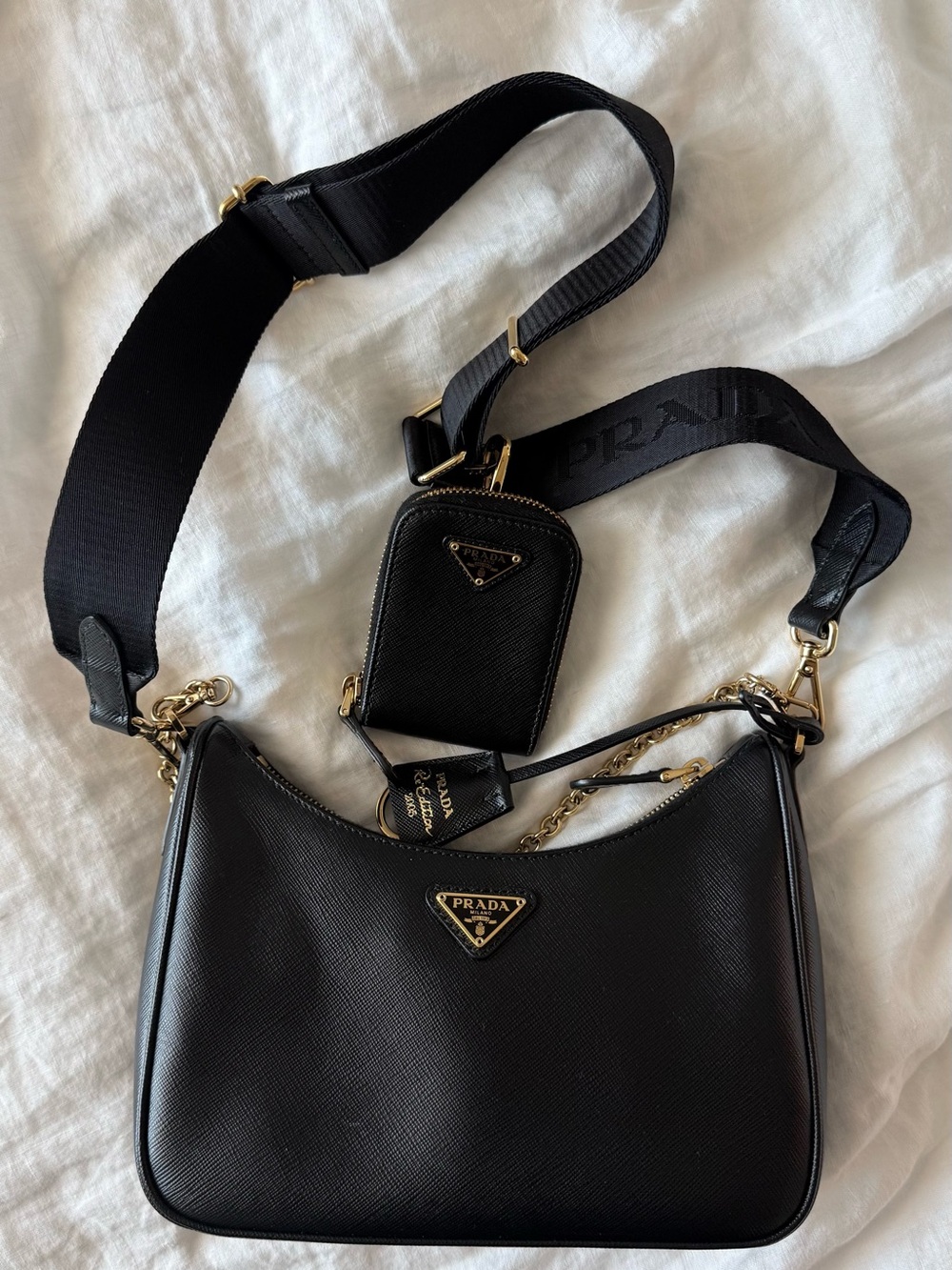 Prada Re Edition 2005 Black Saffiano Leather Shoulder Bag with Strap Pouch